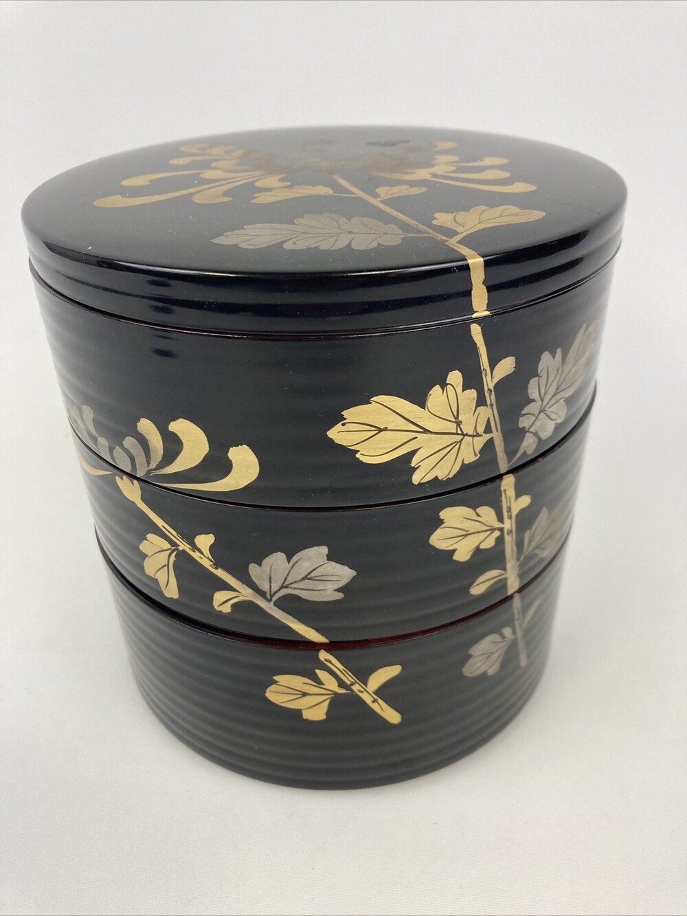 VTG Japan Round 3 Tier Floral Black Laquerware Plastic Trinket Box Lined Jewelry